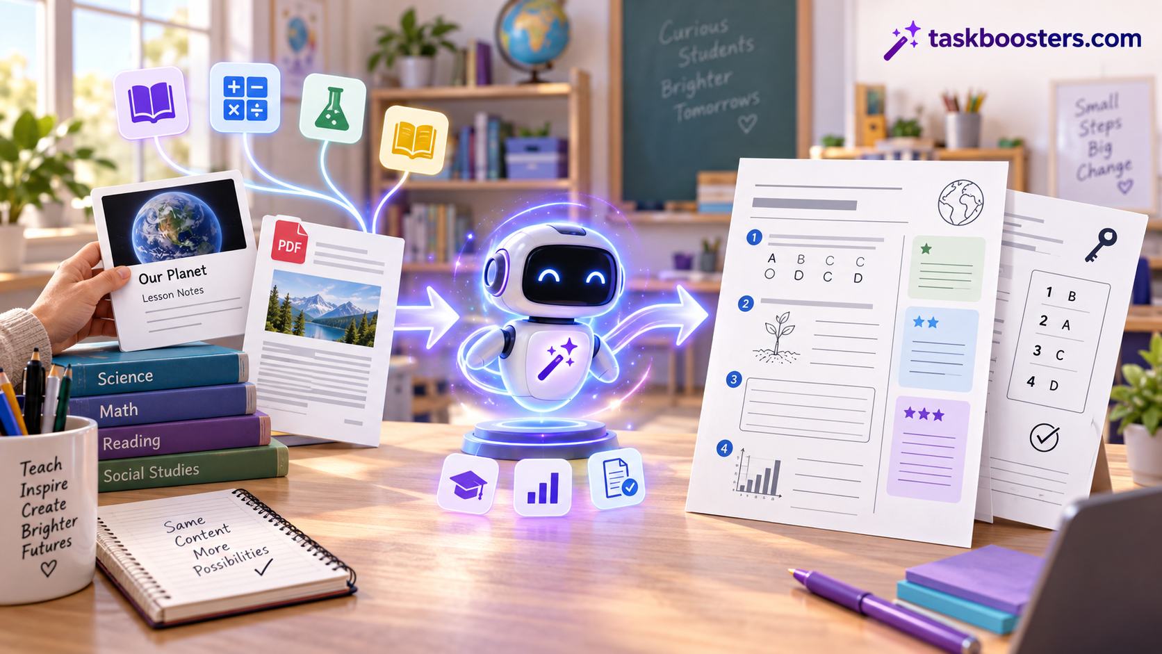 AI transforming lesson notes and a PDF into a printable classroom worksheet with differentiated questions and an answer key