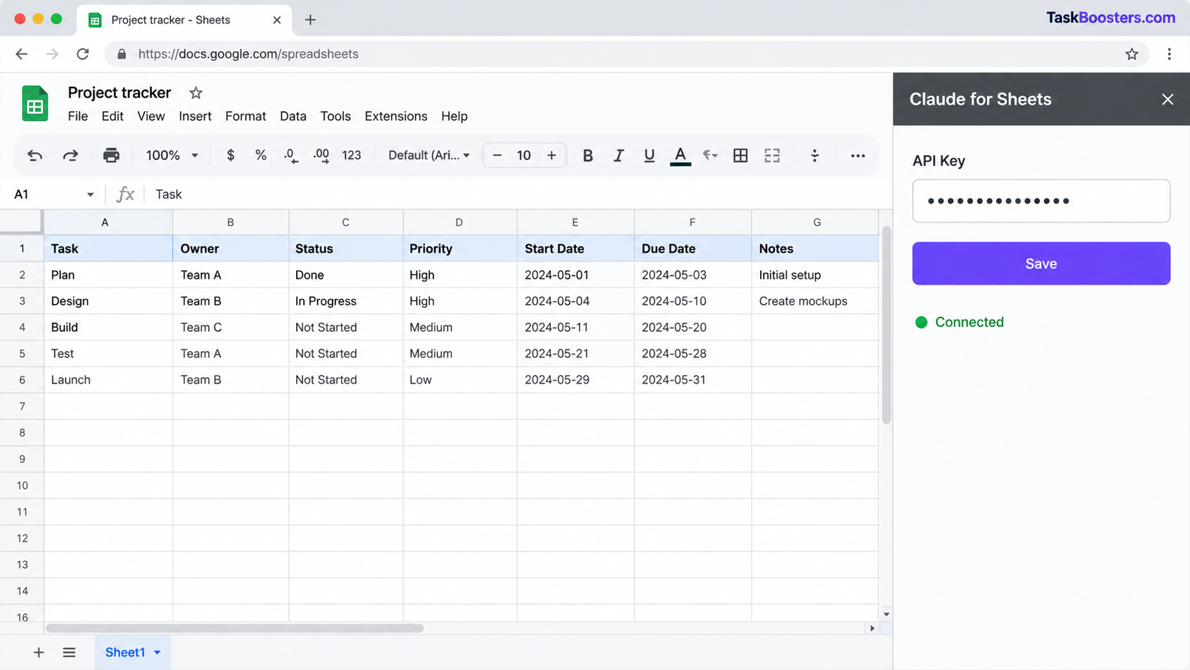 Claude for Sheets sidebar with a masked API key and connected status