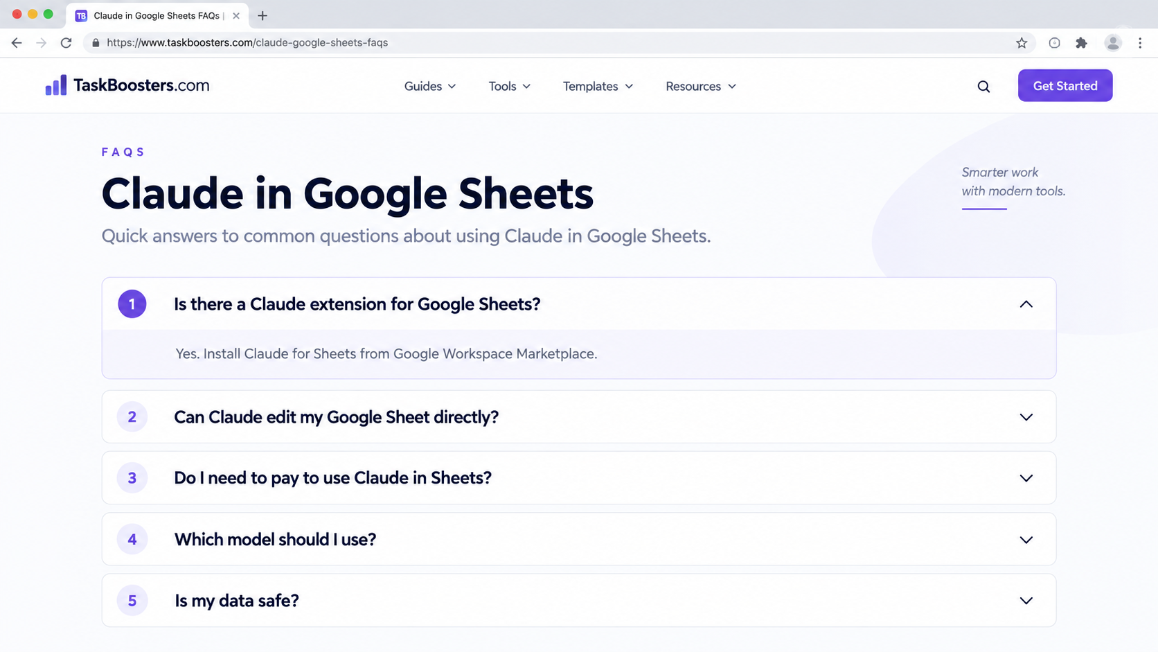Claude in Google Sheets frequently asked questions in an accordion layout