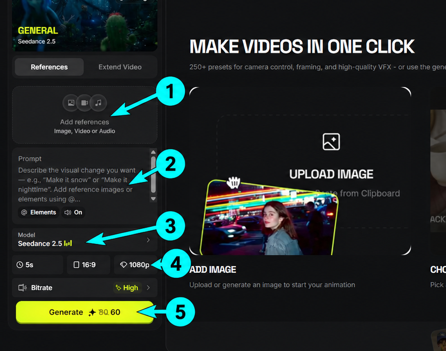 Higgsfield Create Video references and prompt panel